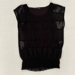 Maurice’s, small, black sleeveless top, rose lace material on front,  lined
